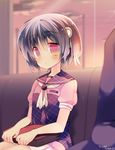  :/ bag black_hair blurry depth_of_field hair_ornament original red_eyes school_bag school_uniform serafuku short_hair sitting twilight yuzuki_gao 