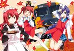  :d ahoge animal animal_on_head apron bird blue_eyes food ground_vehicle hand_on_hip leaf long_hair looking_at_viewer maid maid_headdress multiple_girls okonomiyaki on_head open_mouth penguin purple_hair red_eyes red_hair school_uniform seigaiha short_hair smile spatula train twintails umekichi 