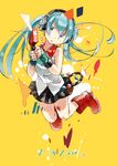  boots fingerless_gloves gloves green_eyes green_hair hatsune_miku headphones jumping long_hair looking_at_viewer pleated_skirt rubber_boots skirt solo twintails vocaloid yamamoto_akie yellow_background 