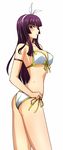  :o armband ass bangs bikini blunt_bangs blush breasts cleavage expressionless fairy_tail from_side front-tie_top hand_on_hip highres kagura_mikazuchi kenken large_breasts long_hair looking_at_viewer looking_back parted_lips purple_hair side-tie_bikini simple_background solo standing swimsuit white_background white_bikini 