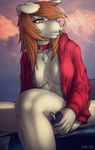  2014 anthro breasts canine clothed clothing collar female hair long_hair looking_back mammal pink_nose sitting smoke solo strype 