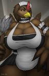  2014 angry anthro avian beak big_breasts breasts brown_feathers brown_hair clothed clothing duster female hair huge_breasts maid maid_uniform solo strype turkey 