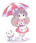  1girl :o animal apron bee_(bee_and_puppycat) bee_and_puppycat bee_the_human_girl bell black_eyes boots bow brown_hair cat choker hair_bow helpyourselfish iesupa jingle_bell parted_lips puppycat simple_background skirt solid_circle_eyes solo standing tareme umbrella white_background 