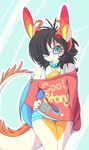  ashiji black_hair clothing dragon eyewear female glasses hair hand_on_hip looking_at_viewer necklace shorts simple_background solo 