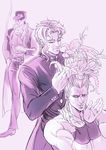  big_hair cigarette flower hair_flower hair_ornament jean_pierre_polnareff jojo_no_kimyou_na_bouken kakyouin_noriaki kuujou_joutarou male_focus monochrome multiple_boys purple toujou_shufu 