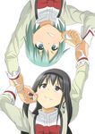  akemi_homura black_hair blue_eyes blue_hair cheek_pinching cheek_pull hairband hiroshima_mikan jewelry long_hair mahou_shoujo_madoka_magica mahou_shoujo_madoka_magica_movie miki_sayaka multiple_girls pinching purple_eyes school_uniform short_hair single_earring spoilers wrist_grab 