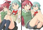  blue_eyes blue_hair bow casual denim denim_shorts grin hair_bow hiroshima_mikan holding_hands hood hoodie long_hair mahou_shoujo_madoka_magica miki_sayaka multiple_girls ponytail red_eyes red_hair sakura_kyouko school_uniform short_hair shorts smile socks 