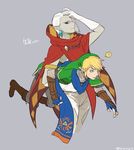  2boys bad_id bad_twitter_id belt blonde_hair blue_eyes cape carrying earrings ghirahim gloves hair_over_one_eye jewelry link multiple_boys pointy_ears purple_eyes scarf the_legend_of_zelda the_legend_of_zelda:_skyward_sword tsuyu_(tsuuuyu) white_hair zelda_musou 