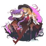  blonde_hair carrying crescent crescent_hair_ornament hair_ornament hat highres kirisame_marisa long_hair multiple_girls patchouli_knowledge purple_eyes purple_hair sakura_sora smile touhou witch_hat 