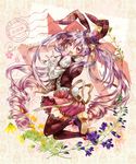  :d animal_ears bunny_ears candy fake_animal_ears fang flower food hair_ornament hat holding lollipop long_hair looking_at_viewer madogawa open_mouth original pleated_skirt purple_hair red_eyes skirt smile solo thighhighs twintails very_long_hair zettai_ryouiki 
