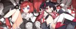  :| ;d \m/ animal_ears ascot black_gloves black_hair closed_mouth double_\m/ elbow_gloves fingerless_gloves fox_ears fox_tail frilled_skirt frills gloves kemonomimi_mode love_live! love_live!_school_idol_project multiple_girls navel nishikino_maki one_eye_closed open_mouth purple_eyes red_eyes red_hair saru shoes short_hair sitting skirt smile striped striped_gloves tail thighhighs twintails v-shaped_eyebrows white_legwear yazawa_nico zettai_ryouiki 
