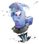  arm_at_side arms_behind_back bad_id bad_pixiv_id black_legwear black_skirt blue_eyes blue_hair blue_jacket digital_dissolve ene_(kagerou_project) facial_mark floating_hair full_body hair_between_eyes headphones jacket kagerou_project long_hair long_sleeves looking_at_viewer miniskirt missing_limb pleated_skirt sa-ka-na simple_background skirt sleeves_past_fingers sleeves_past_wrists smirk solo thigh_gap thighhighs track_jacket twintails white_background zipper 