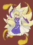  :d blonde_hair chanta_(ayatakaoisii) dress fox_tail hand_on_headwear hat highres long_sleeves mob_cap multiple_tails open_mouth red_eyes short_hair smile tabard tail torn_clothes touhou wide_sleeves yakumo_ran 