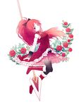  black_legwear boots bow cuivre detached_sleeves dress flower full_body hair_bow hair_ribbon long_hair looking_at_viewer mahou_shoujo_madoka_magica polearm ponytail red_dress red_eyes red_hair ribbon rose sakura_kyouko simple_background solo spear thighhighs weapon white_background 