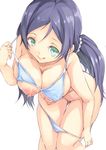  :q bikini blue_bikini blue_hair breasts green_eyes large_breasts leaning_forward licking_lips love_live! love_live!_school_idol_project mikage_sekizai naughty_face nipples solo swimsuit tongue tongue_out toujou_nozomi twintails undressing white_background 