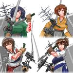  aimpoint akagi_(kantai_collection) alternate_costume bad_id bad_pixiv_id bow_(weapon) breasts brown_eyes brown_hair combat_knife commentary hiryuu_(kantai_collection) japanese_clothes kaga_(kantai_collection) kantai_collection knife large_breasts long_hair multiple_girls muneate saizu_nitou_gunsou short_hair side_ponytail souryuu_(kantai_collection) tattoo twintails weapon 