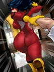  ass black_hair bodysuit breasts cameltoe gloves holding_hand holding_hands jessica_drew kat's large_breasts long_hair looking_at_viewer looking_back marvel out_of_frame pov pov_hands running solo_focus speed_lines spider-woman 