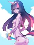  ass back ban bikini breasts horn long_hair multicolored_hair my_little_pony my_little_pony_friendship_is_magic personification pink_hair purple_eyes purple_hair purple_skin rain sideboob small_breasts swimsuit twilight_sparkle 