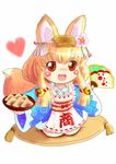  :d absurdres aburaage animal_ears apron blonde_hair blush_stickers chibi copyright_request cushion daiso fan folding_fan food fox_ears fox_tail hair_ornament hakama highres japanese_clothes kimono looking_at_viewer open_mouth red_eyes sitting smile solo tail 