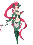  breasts cleavage highres karaage_(ta-na) league_of_legends long_hair looking_at_viewer medium_breasts monster_girl navel one_eye_closed pink_hair plant red_eyes simple_background solo very_long_hair vines white_background zyra 