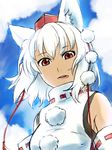 animal_ears bare_shoulders breasts day detached_sleeves hat inubashiri_momiji looking_at_viewer medium_breasts open_mouth pom_pom_(clothes) red_eyes short_hair silver_hair sky solo tokin_hat touhou wolf_ears zzzzzzzzzzzzzzp 