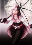  aeollon bad_deviantart_id bad_id belt black_pants boots breasts brown_eyes brown_hair cleavage coat corset cropped_jacket gloves heterochromia jewelry long_hair medium_breasts multicolored_hair necklace neo_(rwby) pants parasol pink_eyes pink_hair rwby solo two-tone_hair umbrella 