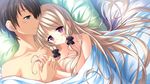  1girl bed blonde_hair blush breasts collarbone game_cg julia_lin_road long_hair magical_marriage_lunatics!! nipples nude pillow purple_eyes yamakaze_ran 