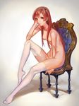  aritoki_ritsu between_legs chair character_request commentary_request full_body hime_cut knee_up legs long_hair no_shoes nude red_hair sitting solo thighhighs white_legwear 