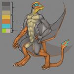  2012 abs avian balls cream_fur crouching digitigrade flaccid fur green_eyes grey_fur hand_on_thigh looking_away male navel orange_scales penis pterosaur scalie sheath smile solo standing teeth tojo_the_thief tojo_the_thief_(character) toned wings yellow_scales 
