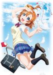  bag blue_eyes brown_hair earphones earphones_removed feathers kneehighs kousaka_honoka loafers love_live! love_live!_school_idol_project one_side_up open_mouth otonokizaka_school_uniform petticoat school_bag school_uniform shoes short_hair skirt slip_showing smile solo sweater_vest takamin_apaman 