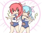  :d bad_id bad_pixiv_id blue_hair chibi commentary fang hair_ribbon happinesscharge_precure! i-168_(kantai_collection) i-19_(kantai_collection) jako_(jakoo21) kantai_collection long_hair multiple_girls name_tag one-piece_swimsuit open_mouth ponytail precure red_hair ribbon school_swimsuit school_uniform serafuku smile swimsuit translated twintails 