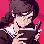  book braid brown_eyes brown_hair danganronpa danganronpa_1 fukawa_touko glasses halftone ilya_kuvshinov long_hair looking_at_viewer mole mole_under_mouth round_eyewear school_uniform serafuku simple_background solo twin_braids 