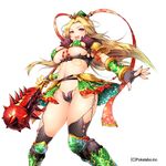  :d armor bikini_armor blonde_hair breasts club fingerless_gloves front-tie_top fur gloves greaves hat hizuki_akira large_breasts long_hair navel open_mouth orange_eyes pauldrons polearm simple_background smile solo spiked_club thighhighs underboob weapon white_background 