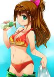  aqua_eyes bag bikini bottle breasts brown_hair cleavage hino_akane_(idolmaster) idolmaster idolmaster_cinderella_girls long_hair looking_at_viewer medium_breasts navel ponytail ramune sawamura_hikaru solo sweat swimsuit undressing 