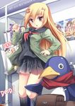  bag blonde_hair disgaea hair_ornament hand_on_hip highres long_hair looking_at_viewer mystic-san original pleated_skirt prinny prinny_(series) prinny_~ore_ga_shujinkou_de_iinsuka?~ red_eyes school_uniform serafuku shopping_bag skirt solo_focus 