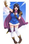  black_hair breasts cape circlet covered_nipples dragon_quest dragon_quest_iii dress gloves hanauna hero-chan_(hanauna) highres huge_breasts long_hair open_mouth roto short_dress solo sword thighhighs waving weapon 