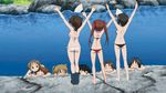  3girls animated animated_gif bikini black_hair brown_hair fan girls_und_panzer kadotani_anzu kawashima_momo koyama_yuzu long_hair multiple_girls red_hair screencap short_hair swimsuit twintails 