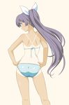  ass bikini blue_eyes blush contrapposto earrings ganaha_hibiki hands_on_hips idolmaster idolmaster_(classic) jewelry long_hair looking_at_viewer looking_back one-piece_tan ponytail purple_hair smile solo standing swimsuit tan tanline tsukumo very_long_hair 