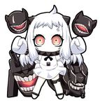 ahoge anger_vein chibi clenched_hands dress full_body horns kantai_collection long_hair looking_at_viewer machinery matahachi mittens northern_ocean_hime red_eyes shinkaisei-kan simple_background solo_focus standing teeth turret white_background white_dress white_hair white_skin 