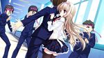  1girl blonde_hair game_cg julia_lin_road long_hair magical_marriage_lunatics!! pointy_ears purple_eyes school_uniform thighhighs uniform yamakaze_ran 