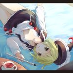  blonde_hair blouse cup flute hat hat_removed headwear_removed highres instrument letterboxed long_sleeves looking_at_viewer lunasa_prismriver lying makuwauri on_back open_clothes open_mouth open_shirt open_vest shirt short_hair skirt solo tea teacup touhou unbuttoned upside-down vest yellow_eyes 