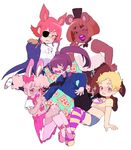  animal_ears bad_id bad_tumblr_id bear_ears bib blush bonnie_(fnaf) buck_teeth bunny_ears chica dark_skin eyebrows eyepatch fang five_nights_at_freddy's food fox_ears foxy_(fnaf) freddy_fazbear genderswap genderswap_(mtf) hair_over_eyes hand_on_hip highres hook_hand kneehighs mike_schmidt multiple_girls no_eyes no_sclera one_eye_closed open_mouth pantyhose personification pizza security_guard striped striped_legwear thighhighs tokimekiwaku toon white_legwear 