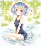  ass bare_shoulders between_breasts blue_eyes blue_hair blush breasts collarbone colored_pencil_(medium) from_behind hair_bobbles hair_ornament kawashiro_nitori large_breasts looking_back marker_(medium) no_hat no_headwear one-piece_swimsuit open_mouth partially_submerged potto school_swimsuit shiny shiny_clothes short_hair short_twintails sitting smile solo sweat sweatdrop swimsuit touhou traditional_media twintails two_side_up v_arms wariza water_drop 