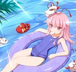  alternate_hairstyle blush covered_navel expressionless flat_chest food fox_mask hata_no_kokoro innertube long_hair mask md5_mismatch nikku_(ra) one-piece_swimsuit oni_mask pink_eyes pink_hair popsicle school_swimsuit solo swimsuit touhou water 
