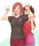  bad_id bad_pixiv_id badge black_hair blush bow button_badge finger_in_mouth forced_smile hair_bow highres kedama_keito long_hair love_live! love_live!_school_idol_project mouth_pull multiple_girls nishikino_maki off_shoulder open_mouth pose purple_eyes red_eyes red_hair shirt short_hair smile t-shirt tied_shirt twintails yazawa_nico 