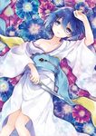  blue_hair collarbone gradient_eyes hair_ornament holding japanese_clothes kimono knife konayama_kata looking_at_viewer lying multicolored multicolored_eyes ogrebuster_overdrive short_hair solo 