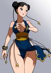  alternate_costume black_hair blue_leotard bracelet breasts chun-li double_bun grey_eyes jewelry k_kokyo10 leotard medium_breasts pelvic_curtain sash short_hair sideboob solo spiked_bracelet spikes street_fighter street_fighter_iv_(series) wide_hips 