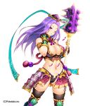  ;o alternate_color armor bikini_armor breasts cleavage club cropped_vest faulds fingerless_gloves gauntlets gloves greaves hat hizuki_akira large_breasts long_hair midriff navel one_eye_closed polearm purple_eyes purple_hair ribbon-trimmed_clothes ribbon_trim shiny shiny_skin simple_background skindentation solo spiked_club thighhighs weapon white_background 