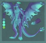  2014 anthro balls black_sclera blue_penis blue_scales body_markings close-up digitigrade dragon erection fae_dragon flaccid glowing gradient green_eyes horn knot looking_away male markings model_sheet penis purple_penis purple_scales scalie sheath solo standing teal_scales tojo_the_thief toned wings 