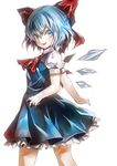  ascot banned_artist blue_dress blue_eyes blue_hair blush bow cirno dress frills hair_bow hair_ornament ice ice_wings kozou_(soumuden) looking_at_viewer looking_back open_mouth puffy_sleeves short_hair short_sleeves simple_background smile solo touhou white_background wings 